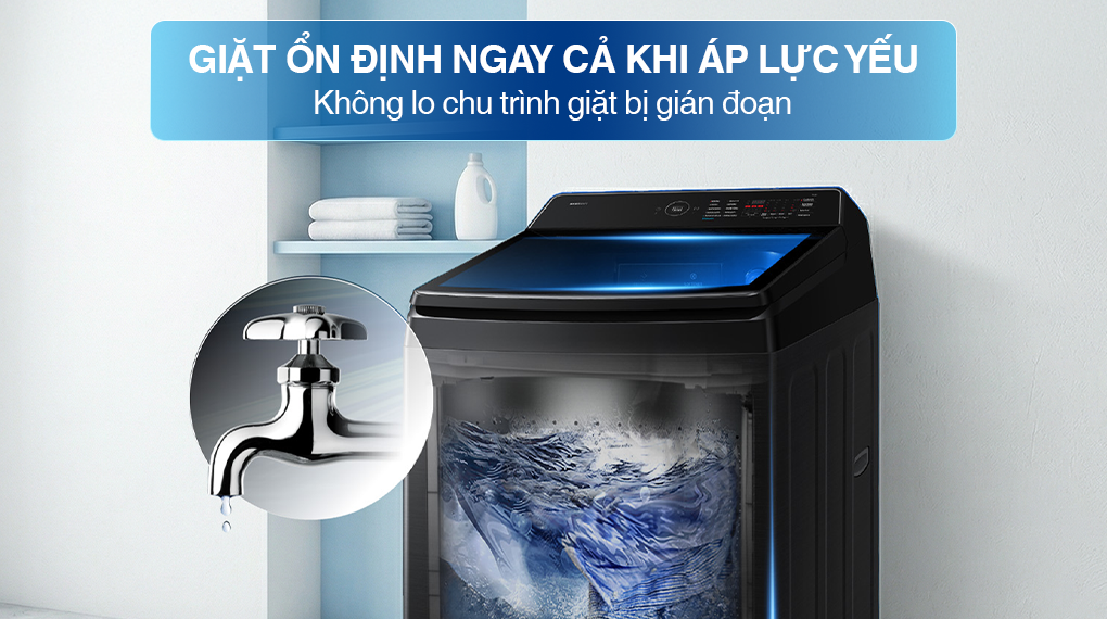  Máy Giặt Samsung Cửa Trên WA40F12E4CSV 12.5kg vẫn có thể hoạt động tốt trong điều kiện áp lực nước thấp 